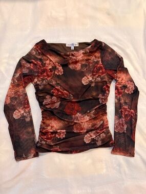 L madden girl Floral Mesh Long Sleeve Ruched Top